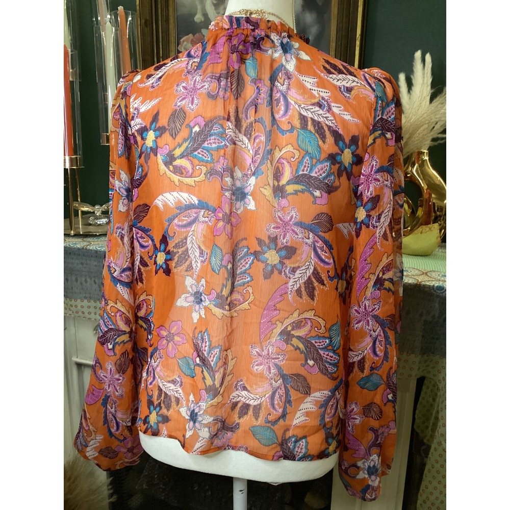 Jessica Simpson Sheer Paisley Floral Chiffon Ruffle Neck Blouse Small Womens - Picture 3 of 5
